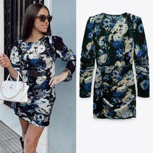ZARA NWT Floral Print Dress Black Green